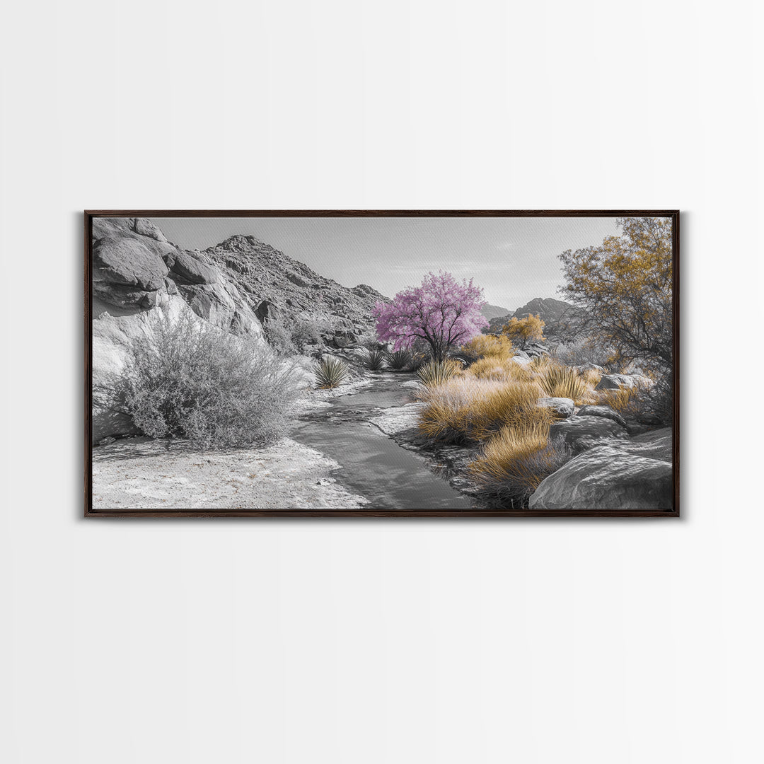 Desert Bloom, Surreal Landscape, Pink Tree, Earthy Desert Colors, Framed Canvas Print, Boho Living Room Wall Art, Southwestern Nature Scene