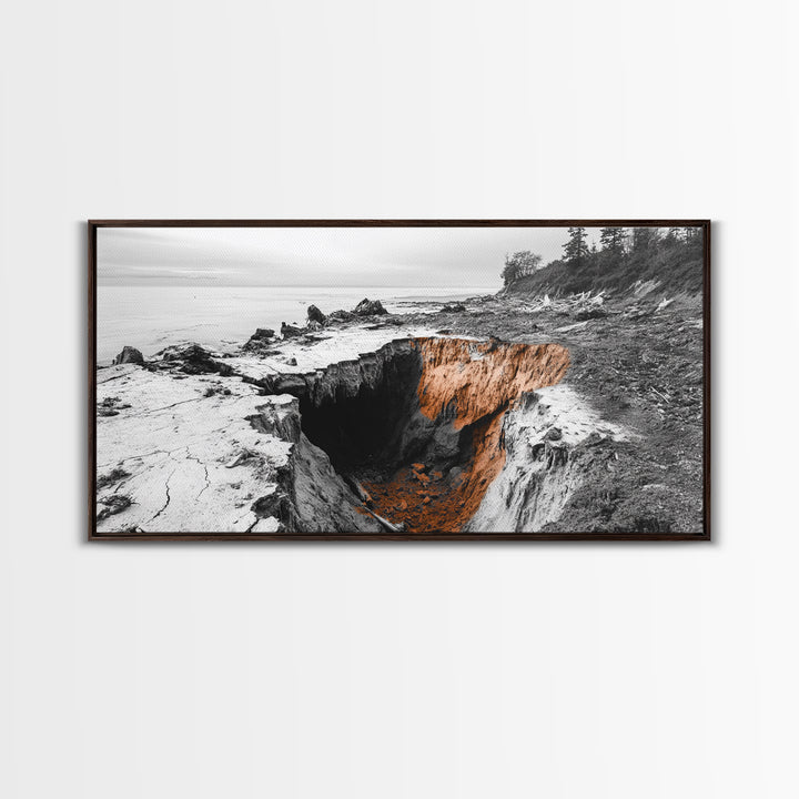 Coastal Cliff, Erosion Edge, Rugged Shoreline, Ocean Mystery, Framed Canvas Print, Modern Nature Wall Art, Earthy Office Decor, Beach Mood