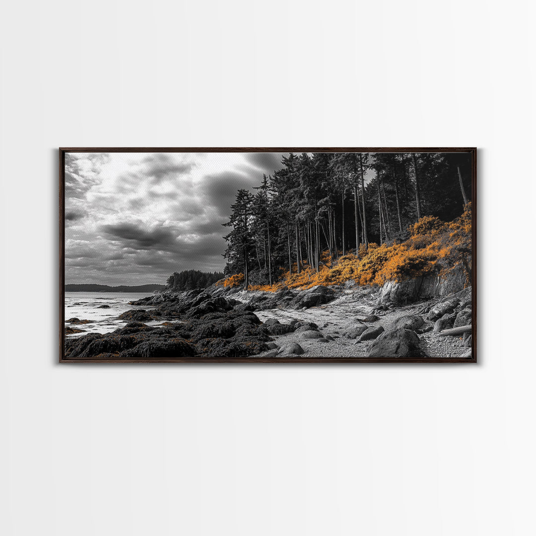 Autumn Coastline, Orange Forest Edge, Framed Canvas Print, Coastal Nature Art, Fall Wall Decor, Rustic Living Room Style, Moody Sky