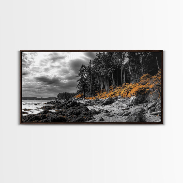 Autumn Coastline, Orange Forest Edge, Framed Canvas Print, Coastal Nature Art, Fall Wall Decor, Rustic Living Room Style, Moody Sky
