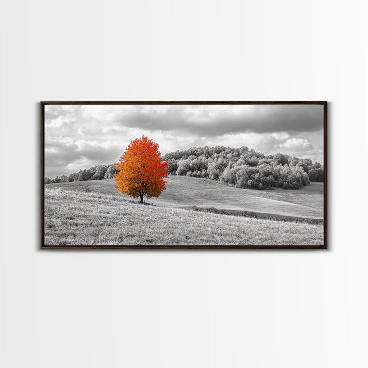 Autumn Tree, Rolling Hills, Minimalist Landscape, Fall Decor, Framed Canvas Print, Office Wall Art, Vibrant Red Orange Tree Scene