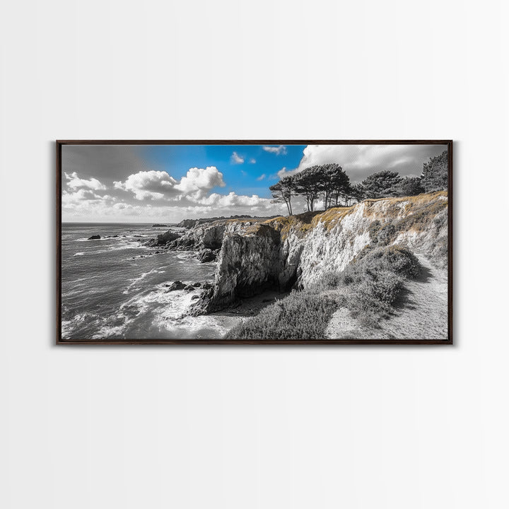 Coastal View, Cliffside Trees, Ocean Horizon, Nature Escape, Canvas Print perfect coastal wall art, minimalist home decor, bathroom art