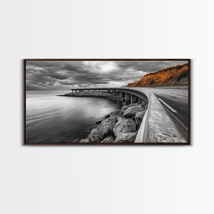 Cliffside Road, Autumn Drive, Ocean View, Stormy Sky, Canvas Print fall landscape art, modern hallway decor, minimalist travel scene