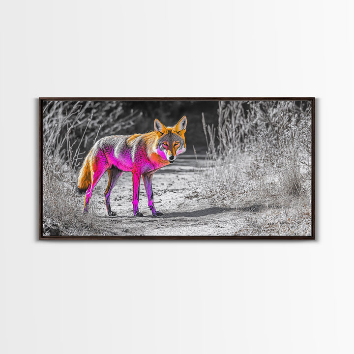 Neon Fox Portrait, Vibrant Wildlife Path Scene, Bright Nature Animal, Framed Canvas Print, Bedroom Wall Art, Psychedelic Animal Style