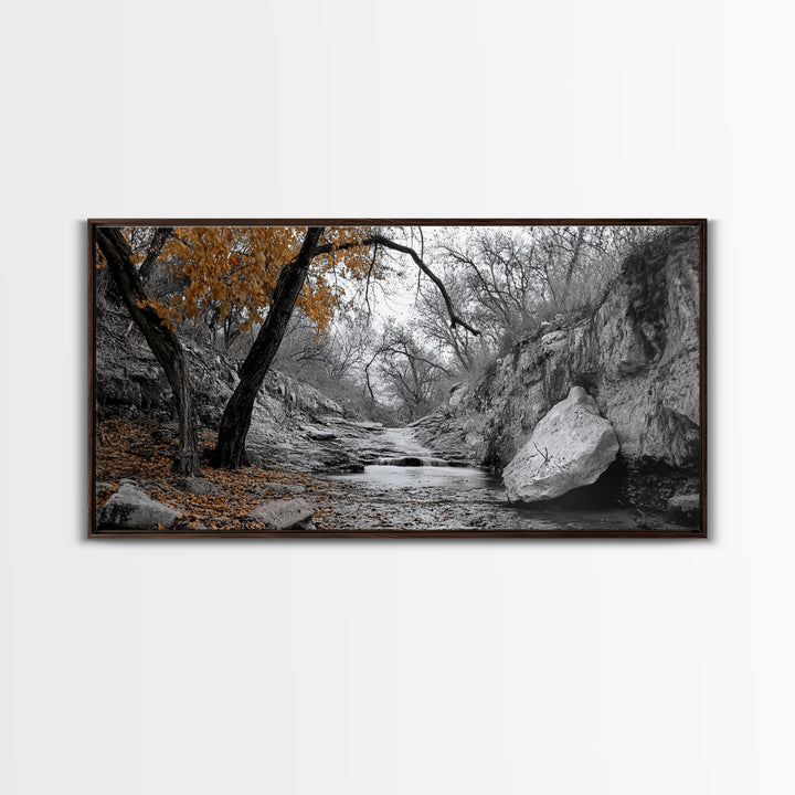 Autumn Stream, Orange Leaves, Waterfall Path, Framed Canvas Print, Fall Wall Art, Rustic Living Room Decor, Seasonal Nature Photography