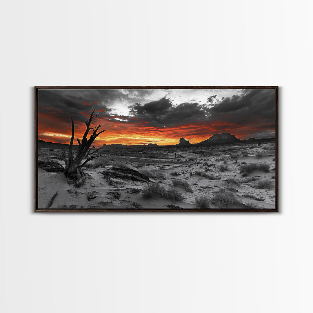 Desert Sunset, Red Sky, Monochrome Sand, Framed Canvas Print, Southwest Wall Art, Boho Bedroom Decor, Dramatic Nature Photography
