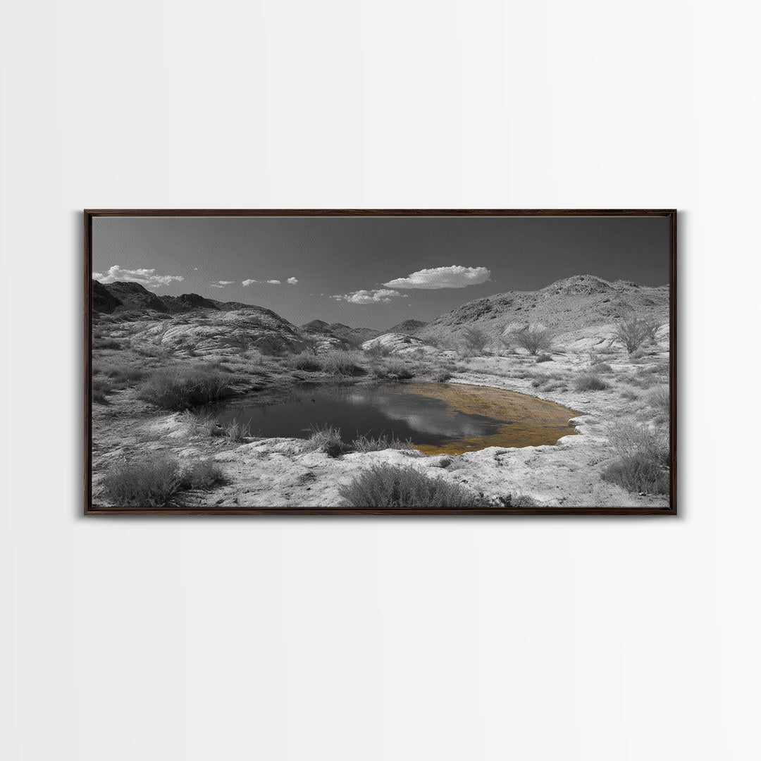 Desert Pool, Yellow Reflection, Desert Hills, Framed Canvas Print, Minimalist Nature Art, Neutral Home Decor, Modern Office Wall Art