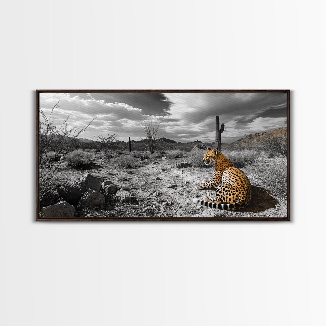 Cheetah Desert, Wild Cat, Monochrome Landscape, Framed Canvas Print, Safari Wall Art, Animal Lover Decor, Masculine Office Artwork