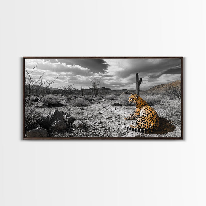 Cheetah Desert, Wild Cat, Monochrome Landscape, Framed Canvas Print, Safari Wall Art, Animal Lover Decor, Masculine Office Artwork