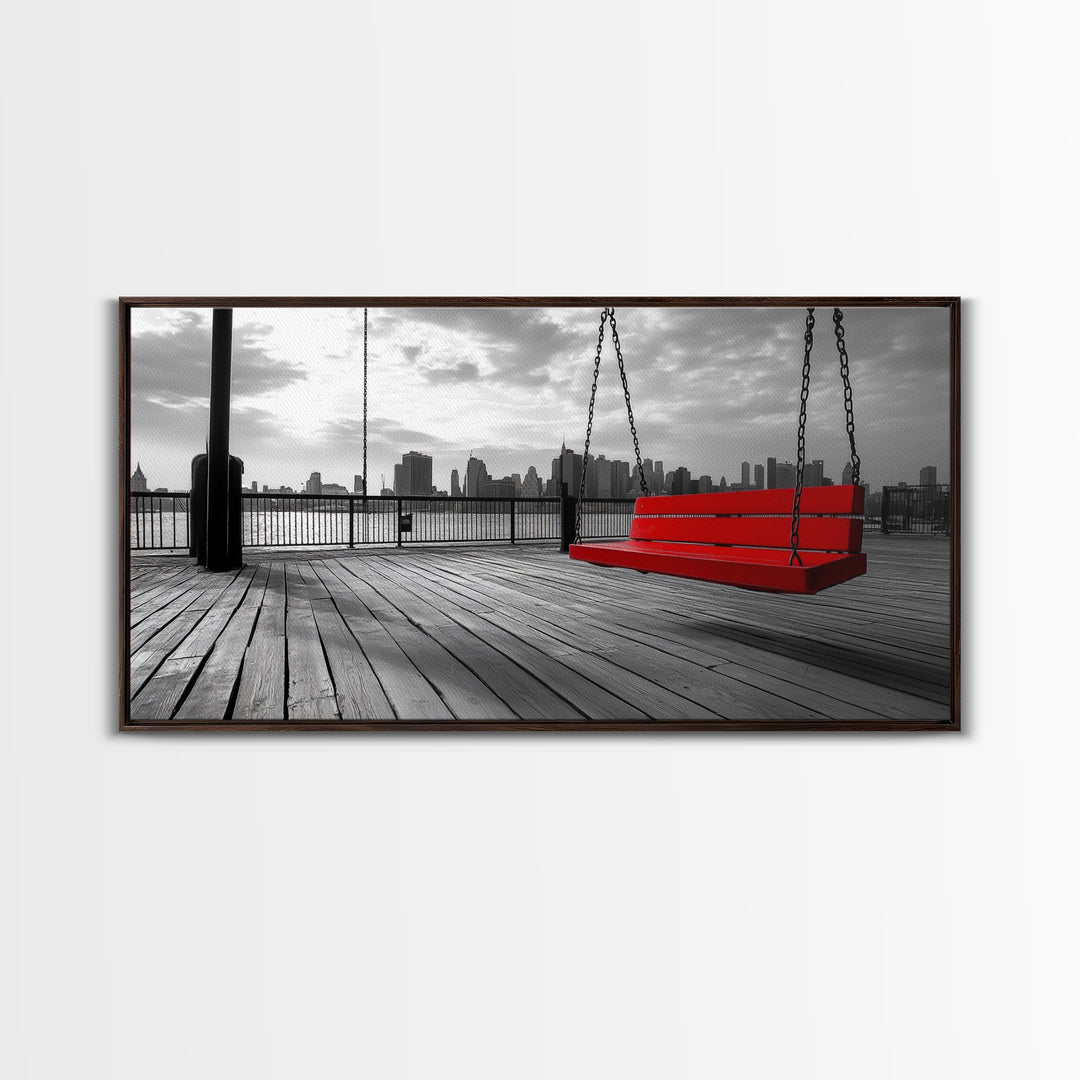 Red Swing, Skyline View, Urban Romance, Canvas Print, Cityscape Wall Art, Modern Minimalist Decor, Contemporary Bedroom Accent