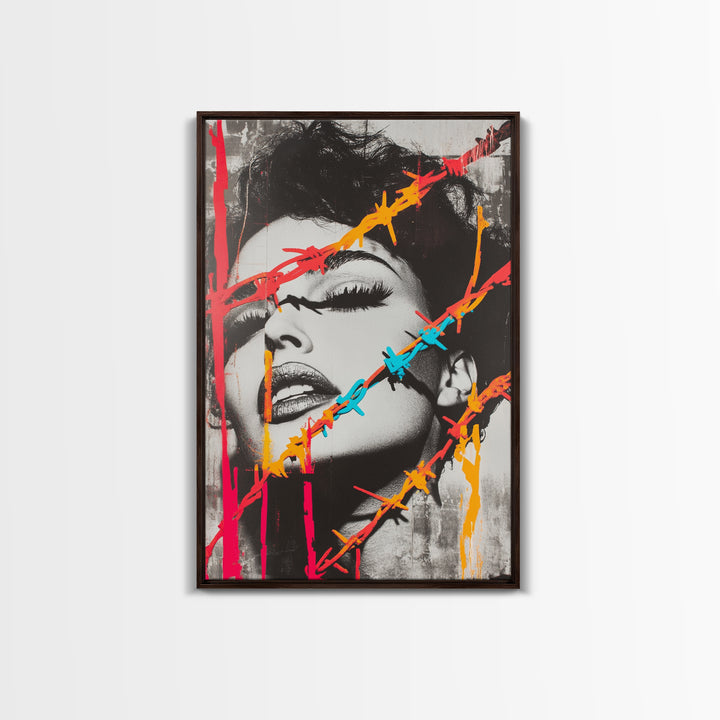 Neon Barbed Beauty, Graffiti Glam, Bold Portrait, Framed Canvas Print, Urban Wall Art, Edgy Bedroom Decor, Pop Art Style Statement