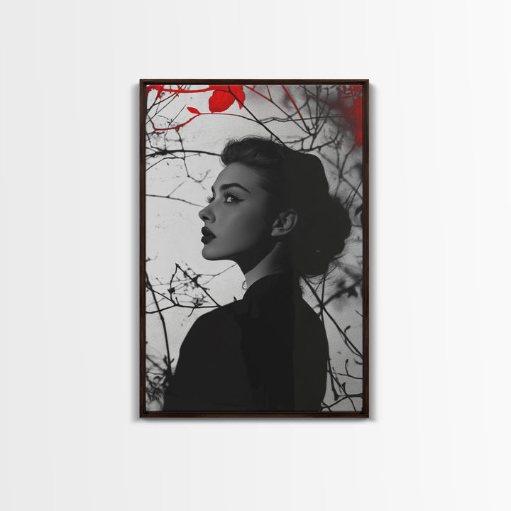 Noir Beauty, Red Accent Leaves, Dramatic Woman Profile, Framed Canvas Print, Glamour Wall Art, Gothic Bedroom Decor, Monochrome Style