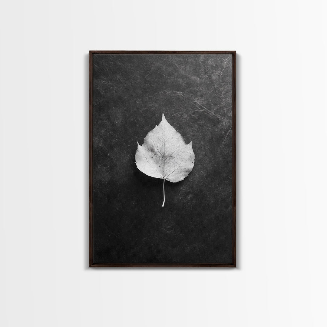 Monochrome Leaf, Nature Minimal, Still Life, Moody Art, Framed Canvas Print, Fall Wall Art, Kitchen Decor, Neutral Modern Aesthetic