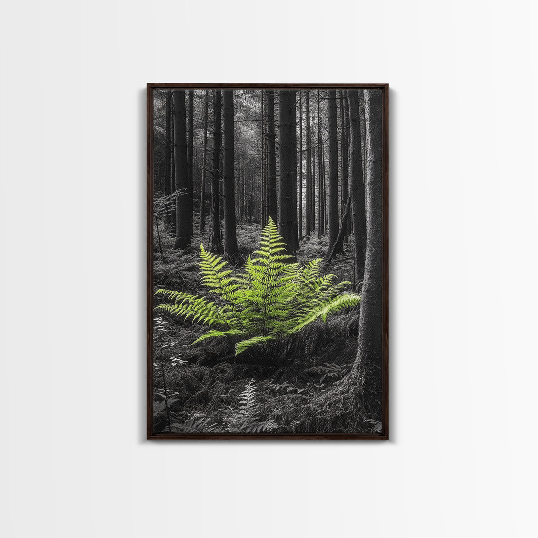Green Fern, Forest Focus, Lush Nature, Woodland Light, Framed Canvas Print, Botanical Wall Art, Bedroom Decor, Minimalist Plant Art