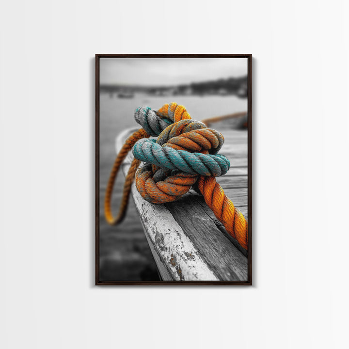 Nautical Rope, Boat Knot, Harbor Texture, Rustic Detail, Framed Canvas Print, Coastal Kitchen Art, Marine Decor, Boho Nautical Style