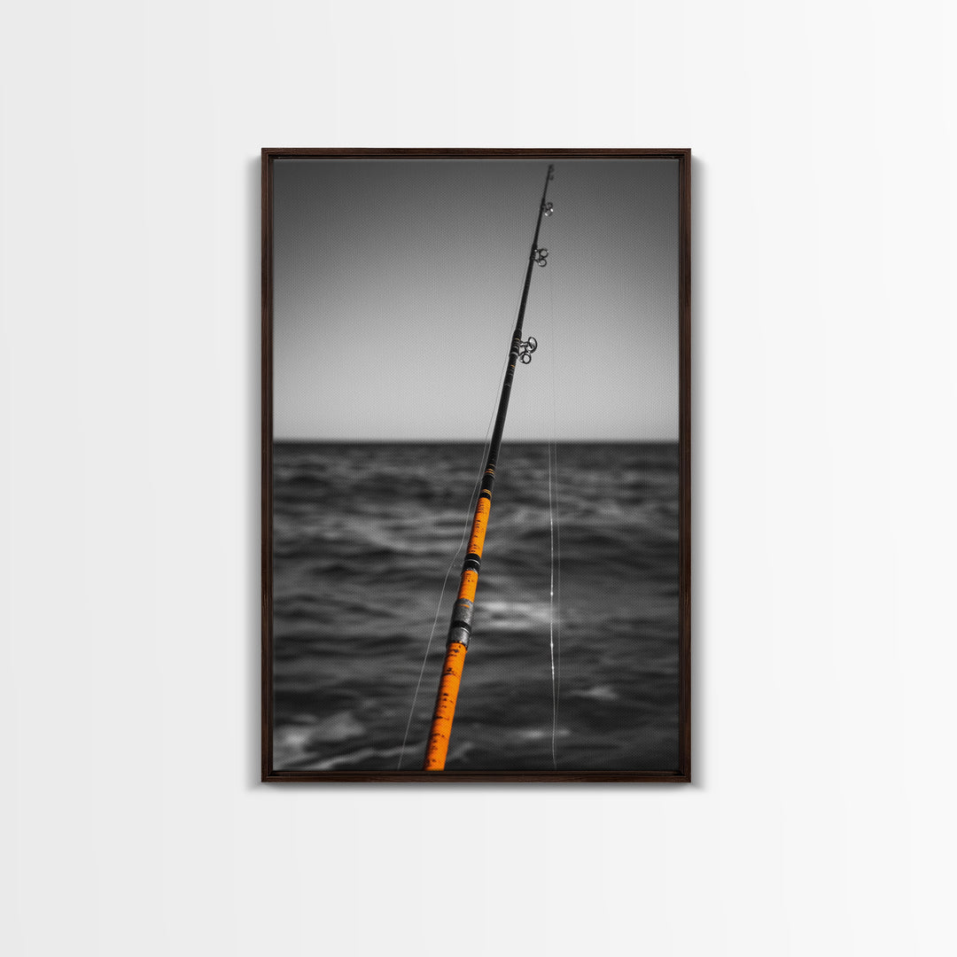 Fishing Pole, Ocean Rod, Angler Focus, Sea Horizon, Framed Canvas Print, Man Cave Wall Art, Sport Fishing Decor, Coastal Style Art