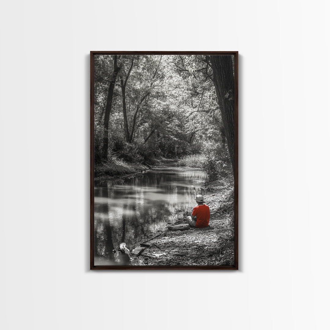 Boy Fishing, River Calm, Peaceful Moment, Nature Scene, Framed Canvas Print, Cabin Wall Art, Woodland Fall Decor, Tranquil Vibe