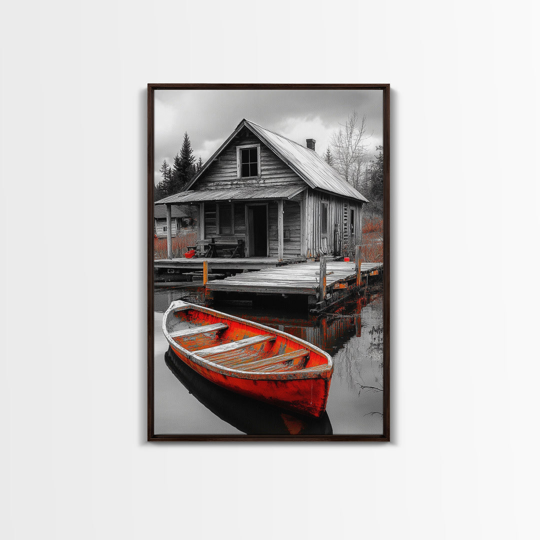 Cabin Reflection, Rustic Rowboat, Autumn Red, Lake Dock, Canvas Print, Fall Wall Art, Country Home Decor, Rustic Landscape, Lodge Style Art