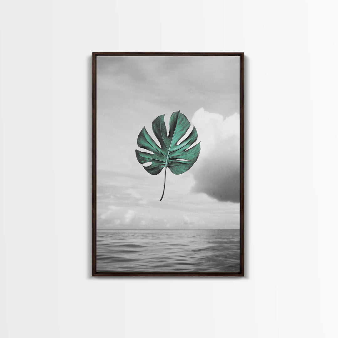 Monstera Leaf, Ocean Breeze, Tropical Minimalism, Floating Leaf, Framed Canvas Print, Modern Bathroom Art, Boho Decor, Tropical Wall Art