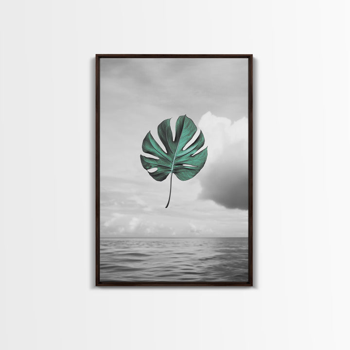 Monstera Leaf, Ocean Breeze, Tropical Minimalism, Floating Leaf, Framed Canvas Print, Modern Bathroom Art, Boho Decor, Tropical Wall Art