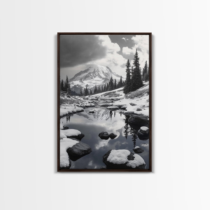 Snowy Mountain, Winter Landscape, Reflection Lake, Canvas Print, Black and White Nature Art, Cabin Wall Art, Adventure Photography