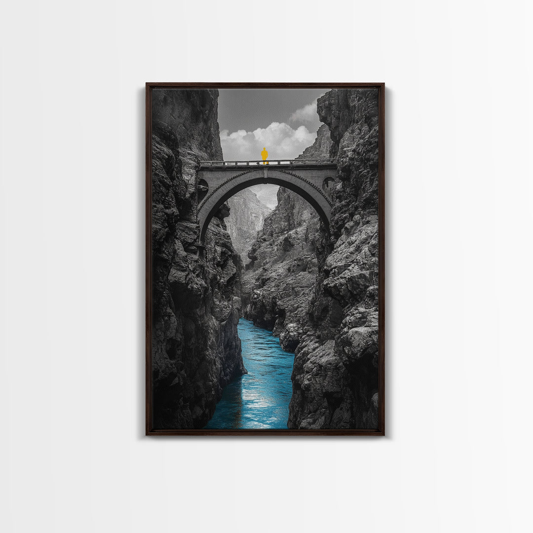 Canyon Bridge, Blue River, Yellow Figure, Framed Canvas Print, Bold Color Photography, Dramatic Landscape, Office Statement Art