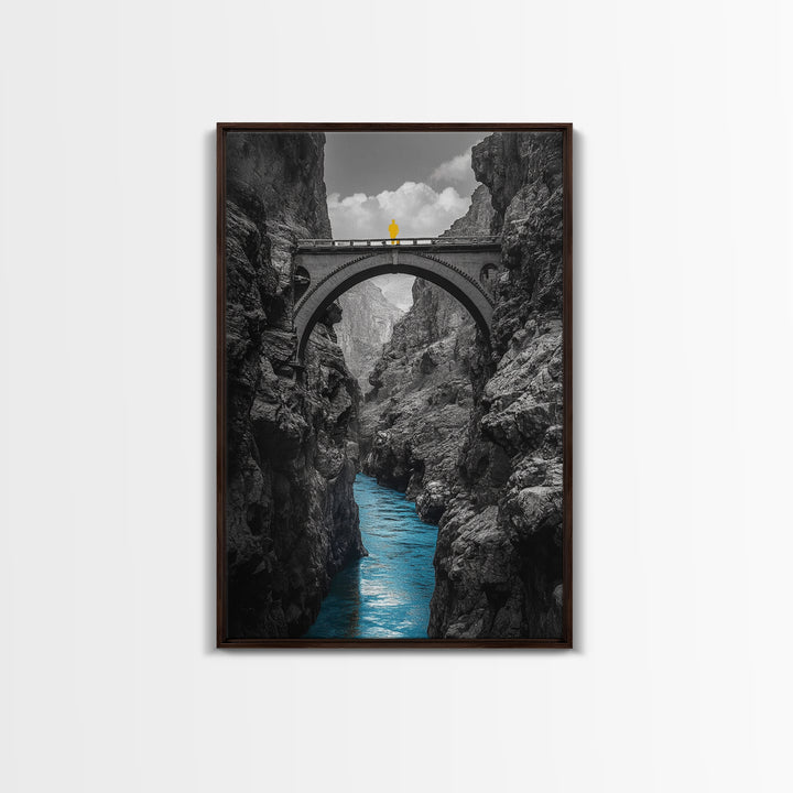 Canyon Bridge, Blue River, Yellow Figure, Framed Canvas Print, Bold Color Photography, Dramatic Landscape, Office Statement Art