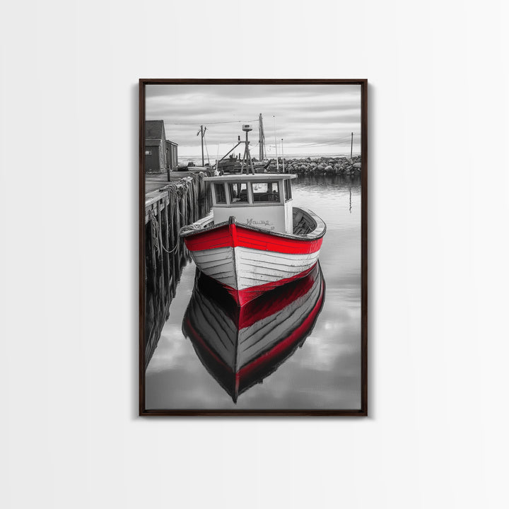 Red Fishing Boat, Harbor Calm, Nautical Charm, Canvas Print, Coastal Kitchen Wall Art, Maritime Theme, Seaside Decor, Rustic Water Scene