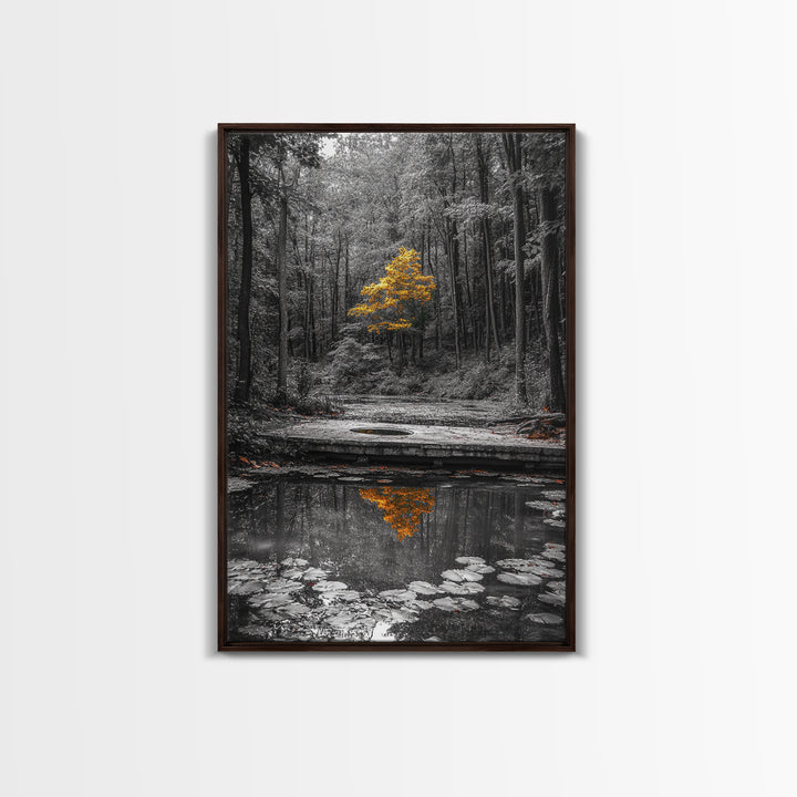 Lone Yellow Tree, Tranquil Pond, Forest Reflection, Canvas Print, Fall Nature Wall Art, Autumn Minimalist Decor, Peaceful Meditation Room