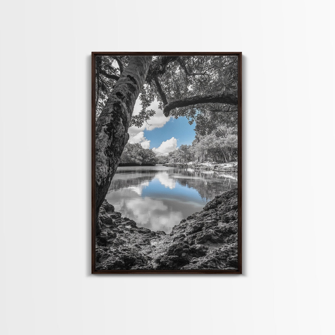 Blue Sky River, Tropical Trees, Natural Tranquility, Framed Canvas Print, Relaxing Bedroom Wall Art, Coastal Nature, Serene Landscape Decor