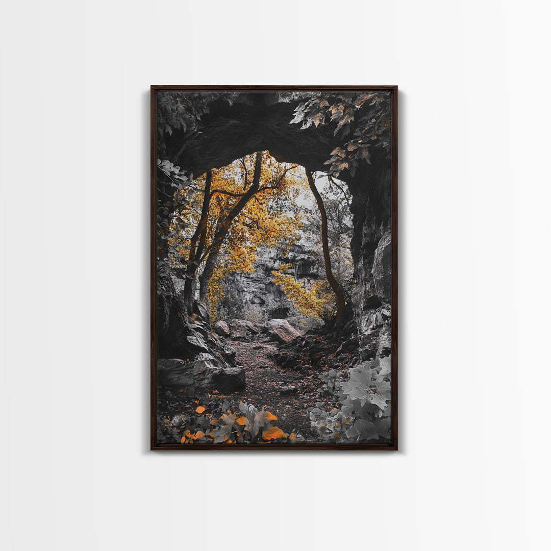 Autumn Trail, Yellow Foliage, Forest Pathway, Framed Canvas Print, Fall Wall Art, Warm Earth Tones, Rustic Entryway Decor, Woodland Scene