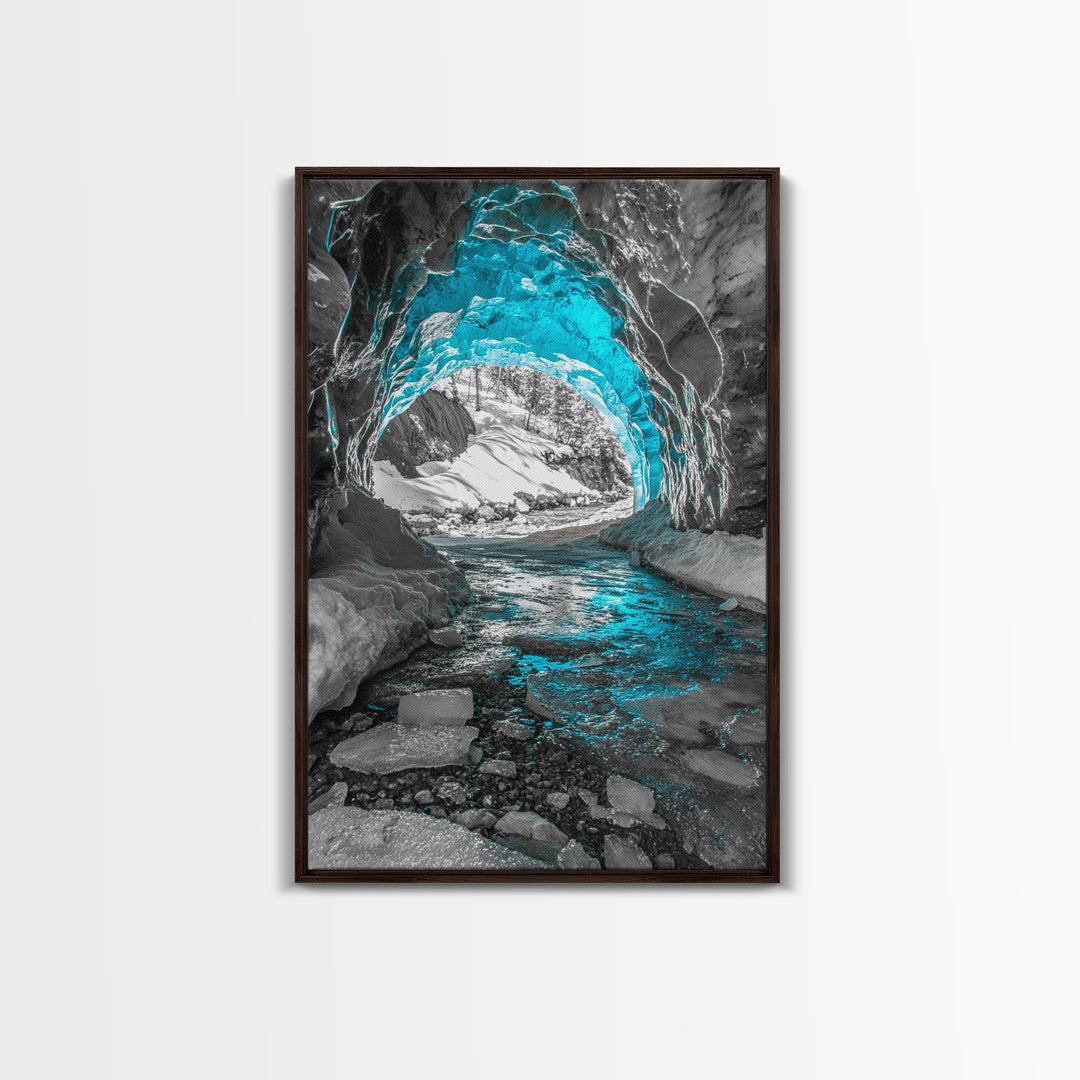 Blue Ice Cave, Winter Tunnel, Arctic Wonderland, Framed Canvas Print, Nature Wall Art, Minimalist Photography, Cool Tone Decor