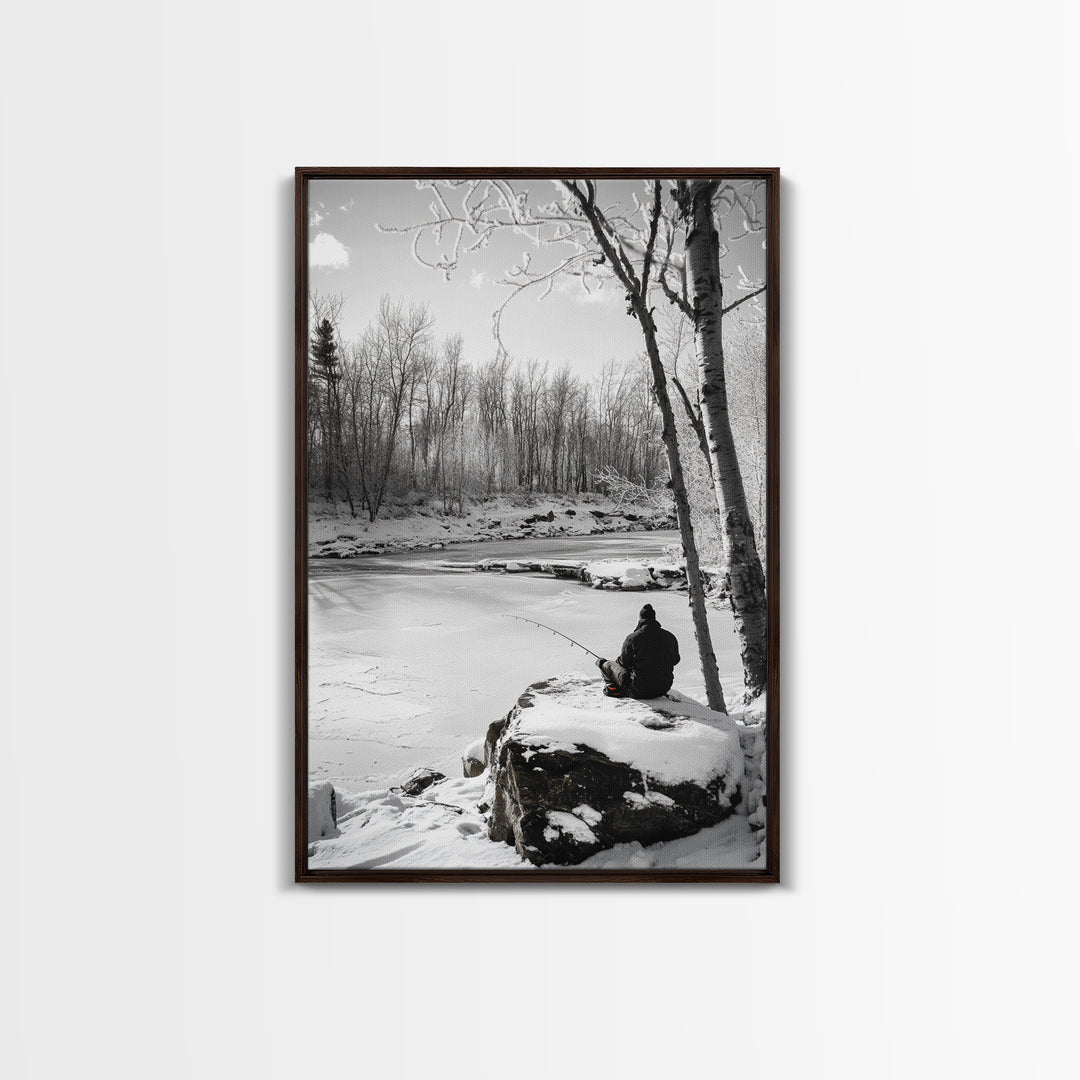 Winter Fishing, Snowy River, Peaceful Solitude, Canvas Print, Cabin Wall Art, Rustic Outdoor Decor, Black White Nature Photography