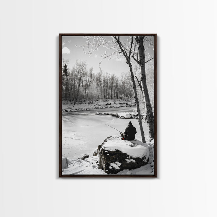 Winter Fishing, Snowy River, Peaceful Solitude, Canvas Print, Cabin Wall Art, Rustic Outdoor Decor, Black White Nature Photography