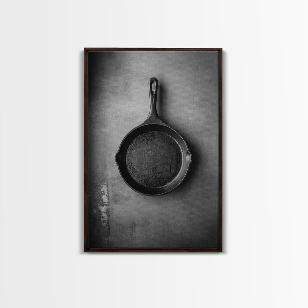 Cast Iron Pan, Rustic Kitchen, Black White Still Life, Framed Canvas Print, Kitchen Wall Art, Farmhouse Cooking Decor, Chef Gift Idea