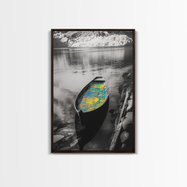 Rowboat Map Interior, Lake Reflections, Artistic Travel Theme, Canvas Print, Cabin Wall Art, Unique Lake House Decor, Explorer Style