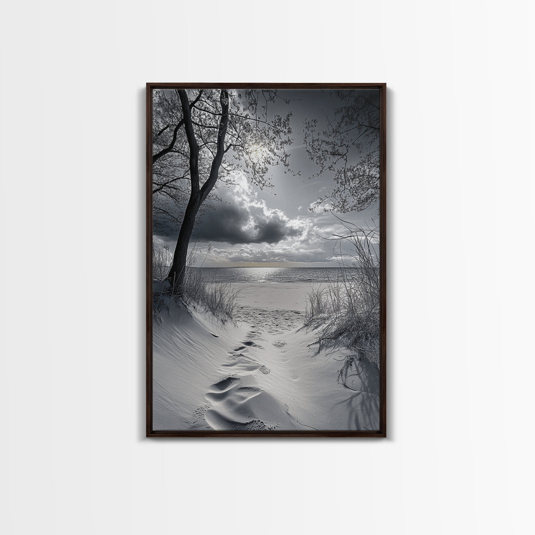 Beach Dunes Sunset, Seaside Escape, Quiet Shore Path, Coastal Calm, Framed Canvas Print, neutral coastal art,  bathroom wall decor