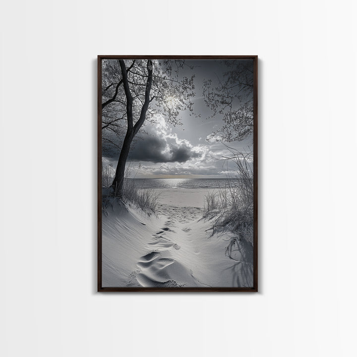 Beach Dunes Sunset, Seaside Escape, Quiet Shore Path, Coastal Calm, Framed Canvas Print, neutral coastal art,  bathroom wall decor