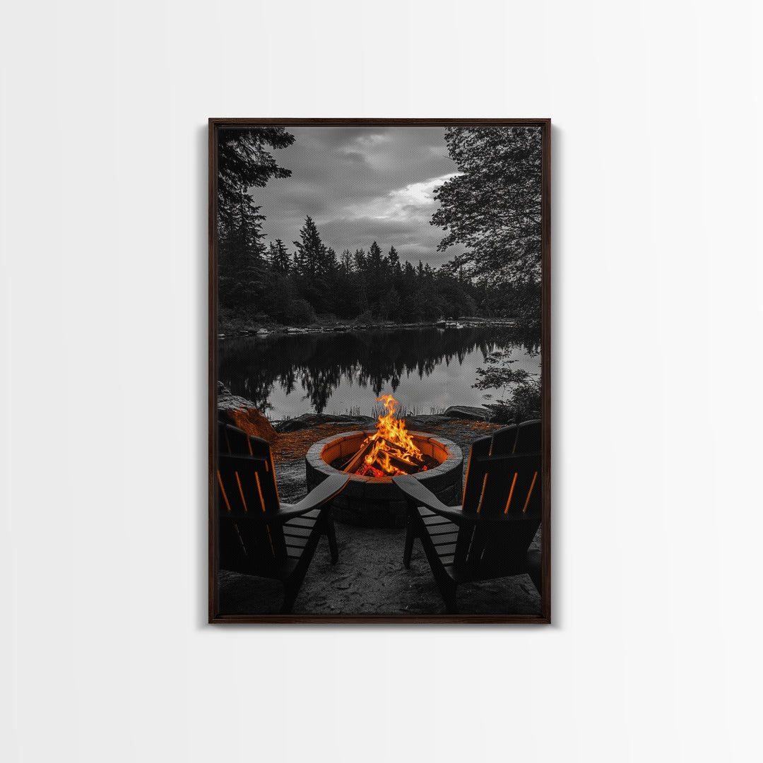 Campfire Chairs Lake, Autumn Firepit Scene, Rustic Retreat, Cabin Escape, Framed Canvas Print, cozy wall art, man cave cabin decor