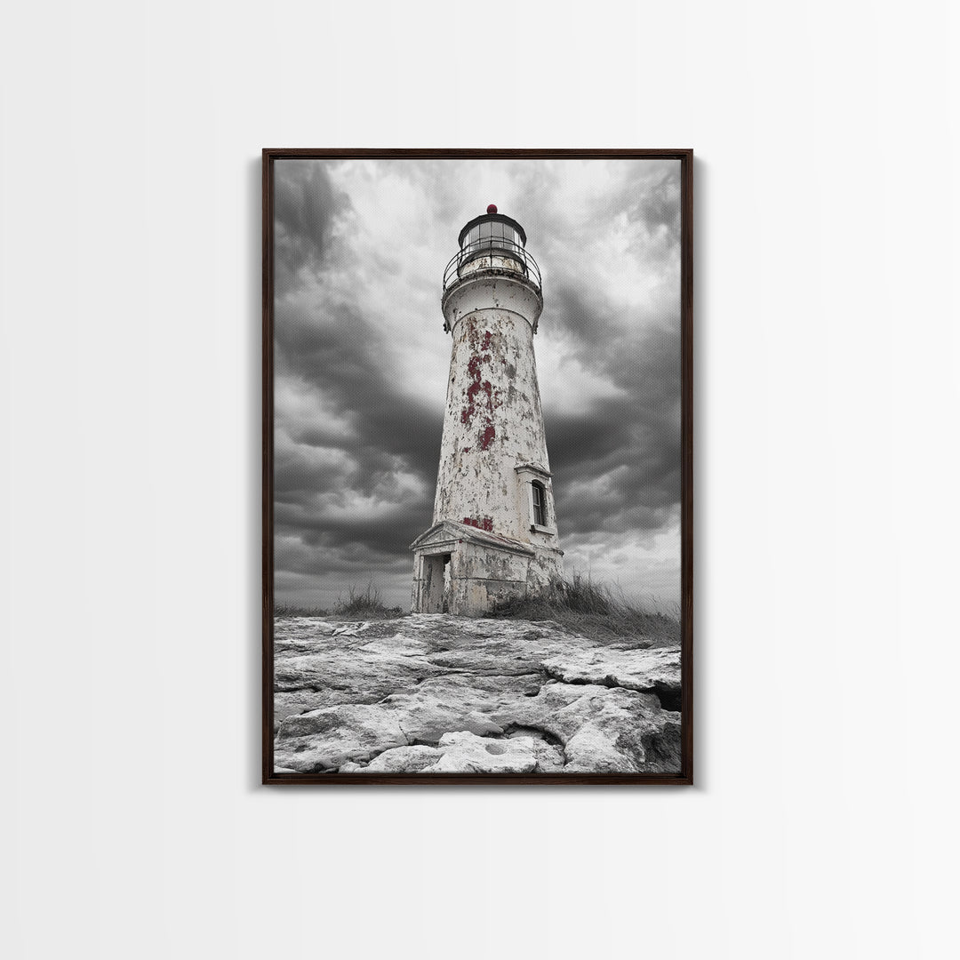 Rustic Lighthouse Shore, Weathered Tower Art, Stormy Coast Scene, Moody Seaside, Framed Canvas Print, nautical bathroom or den wall decor