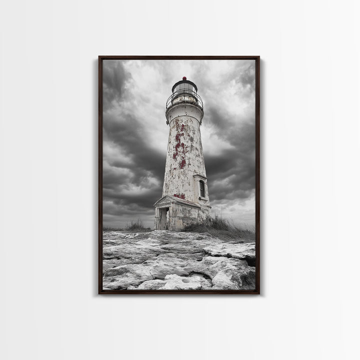 Rustic Lighthouse Shore, Weathered Tower Art, Stormy Coast Scene, Moody Seaside, Framed Canvas Print, nautical bathroom or den wall decor