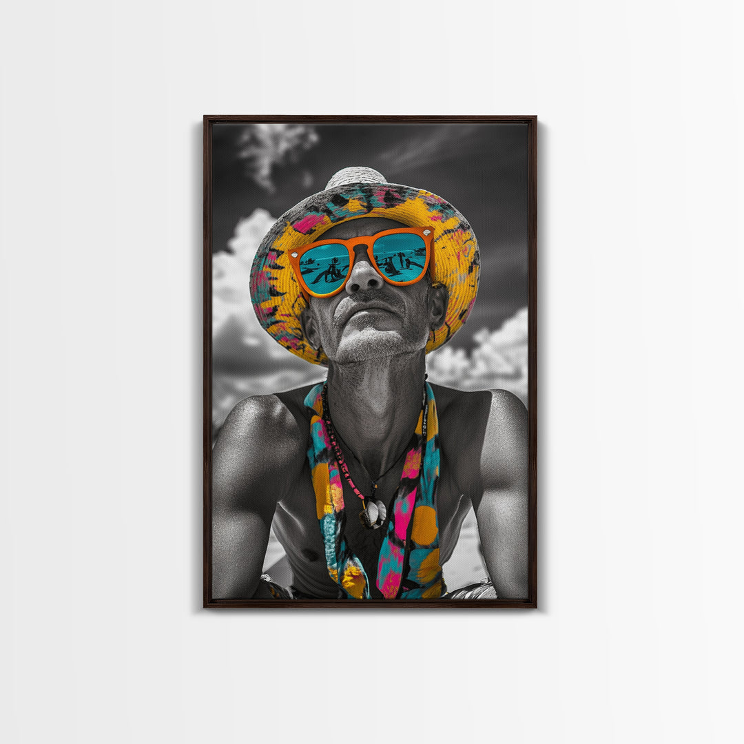 Beach Guy Portrait, Summer Sunglasses, Boho Vibe, Framed Canvas Print, Surf Shack Decor, Eclectic Wall Art, Travel Inspired Design