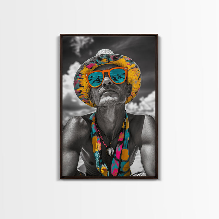 Beach Guy Portrait, Summer Sunglasses, Boho Vibe, Framed Canvas Print, Surf Shack Decor, Eclectic Wall Art, Travel Inspired Design