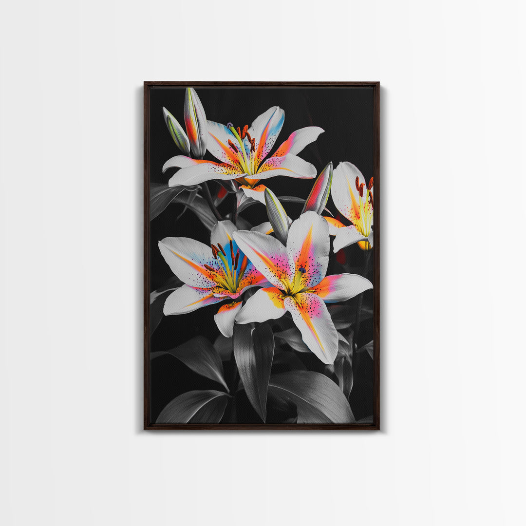 Neon Lily, Floral Bloom, Vibrant Flower, Botanical Framed Canvas Print, Color Pop Wall Art, Bedroom Floral Art, Bold Nature Decor