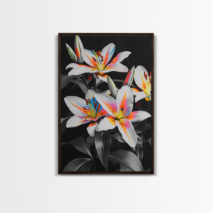 Neon Lily, Floral Bloom, Vibrant Flower, Botanical Framed Canvas Print, Color Pop Wall Art, Bedroom Floral Art, Bold Nature Decor