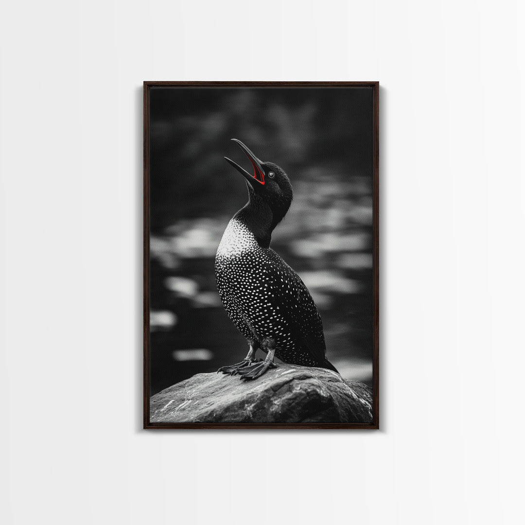 Loon Call, Singing Bird, Red Beak, Monochrome Framed Canvas Print, Wildlife Wall Decor, Bird Lover Wall Art, Rustic Cabin Accent
