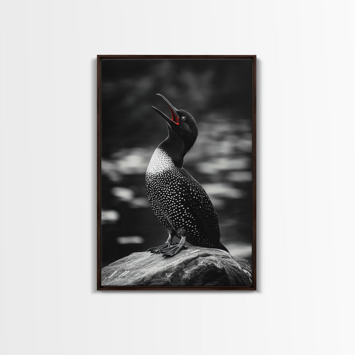 Loon Call, Singing Bird, Red Beak, Monochrome Framed Canvas Print, Wildlife Wall Decor, Bird Lover Wall Art, Rustic Cabin Accent
