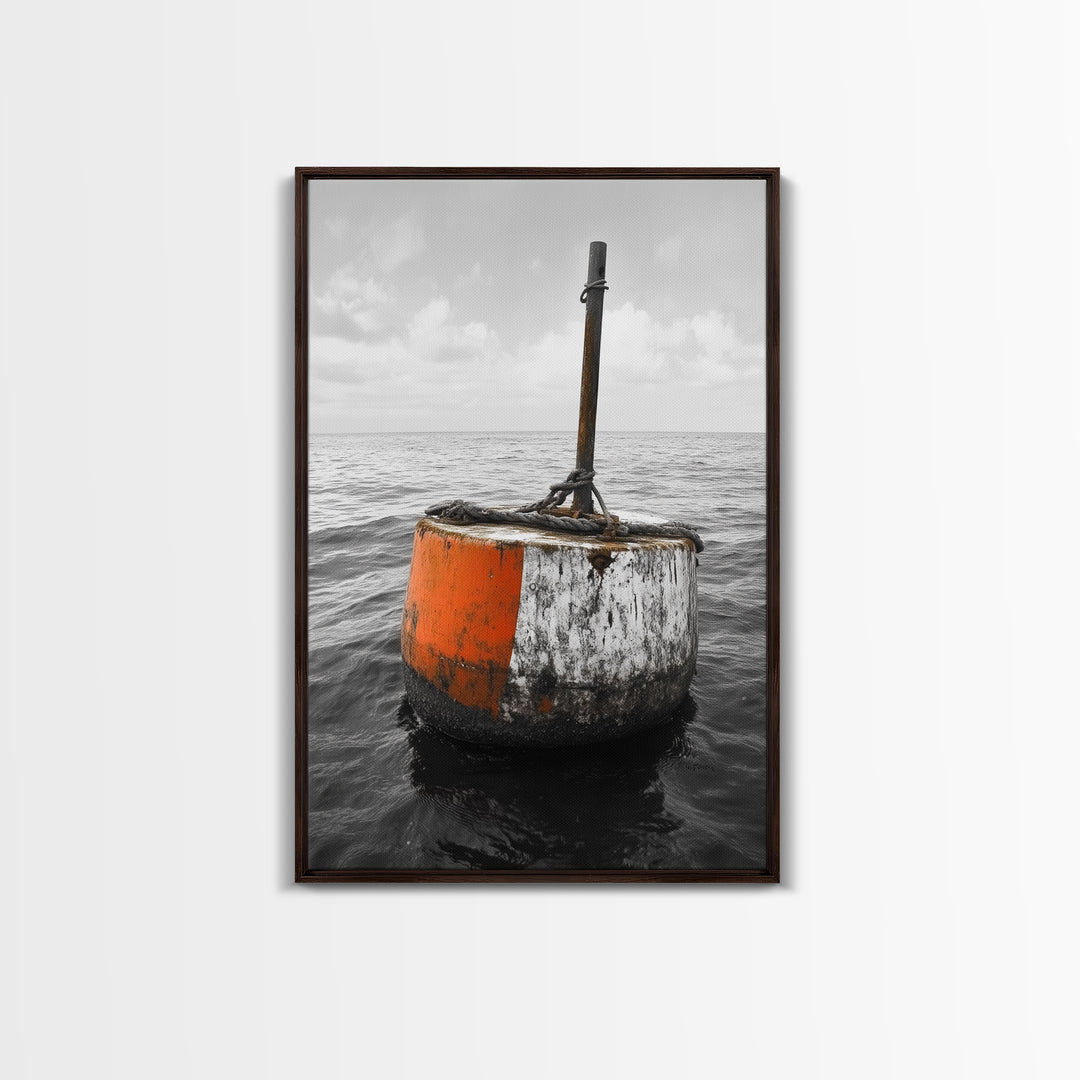 Ocean Buoy Art, Nautical Minimalism, Coastal Wall Decor, Industrial Seascape, Framed Canvas Print, Rustic Ocean Art, Bathroom Wall Art