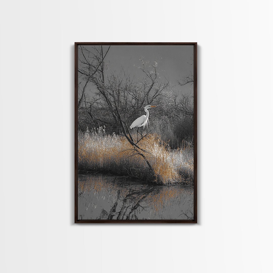 Egret Bird Scene, Autumn Riverbank, Wildlife Nature Print, Moody Wetland Landscape, Framed Canvas Print, Rustic Living Room Wall Art