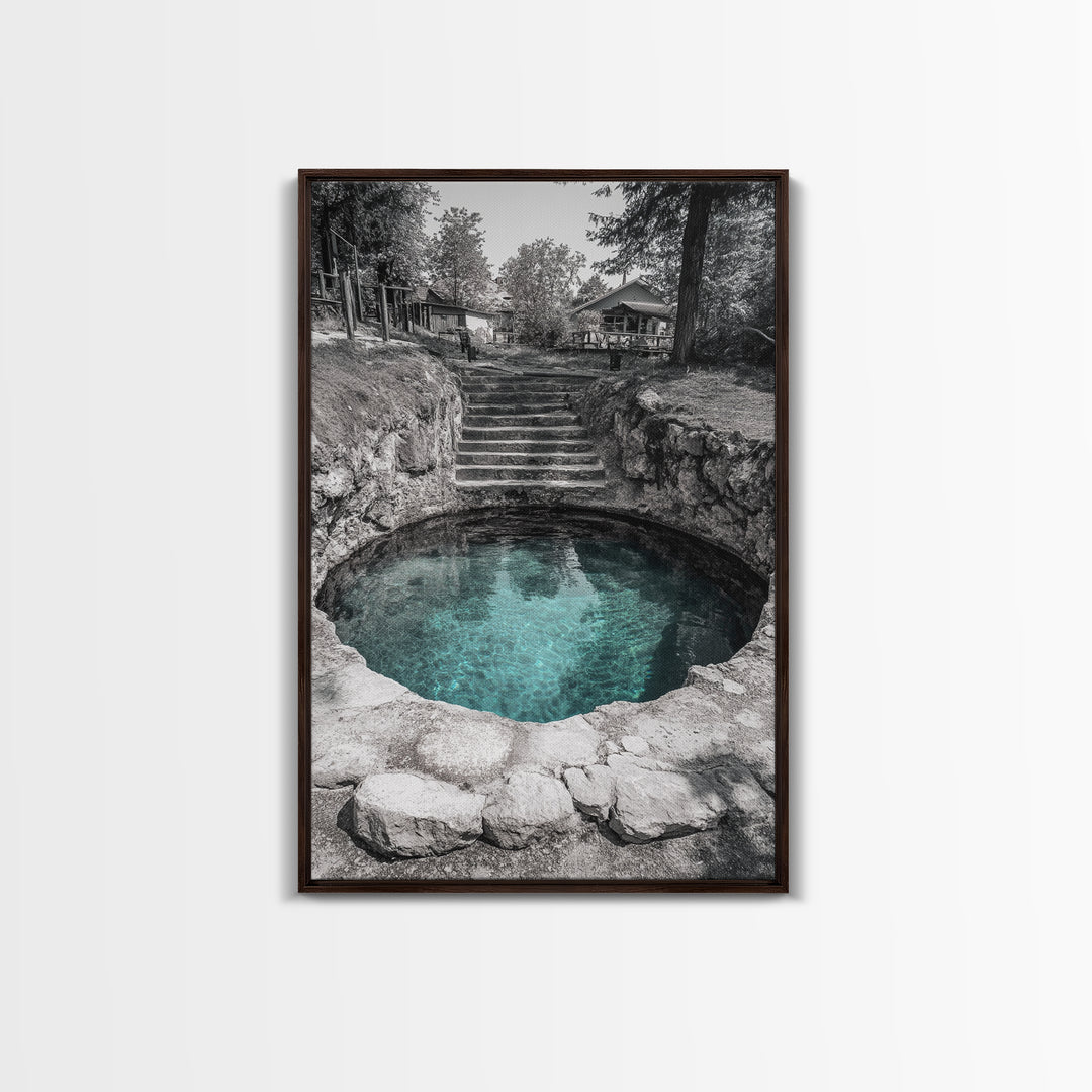 Hidden Spring Pool, Stone Garden Scene, Tranquil Nature Print, Zen Wall Decor, Framed Canvas Print, Minimalist Bathroom Wall Art